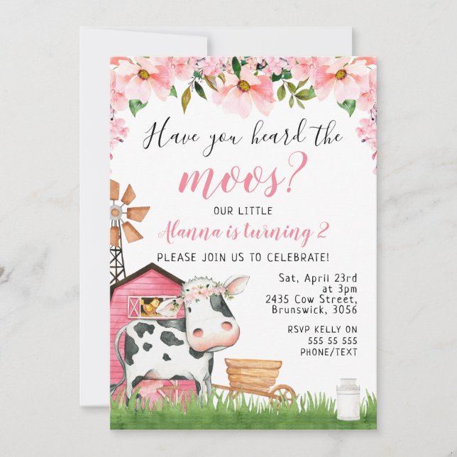 Pink Floral Daisy Hear The Moos Cow Birthday Invitation (Front)