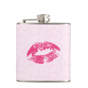 Pink Floral Damask And Lips Hip Flask