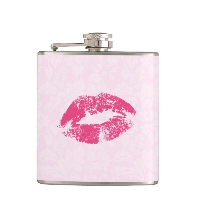 Pink Floral Damask And Lips Hip Flask (Front)