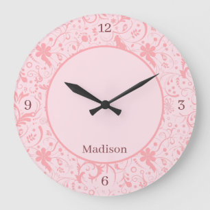 Pink Floral Damask Pattern Large Clock