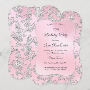 Pink floral Damask Silver rose Birthday Party Invitation