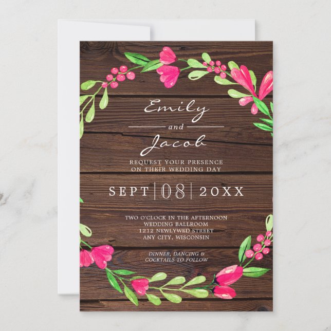 Pink Floral Dark Brown Rustic Wood Country Wedding Announcement (Front)