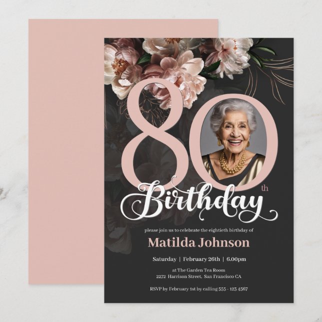Pink Floral Dark Grey Photo 80th Birthday  Invitation (Front/Back)