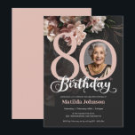 Pink Floral Dark Grey Photo 80th Birthday  Invitation<br><div class="desc">Pink Floral Dark Grey Photo 80th Birthday Invitation. A beautiful and elegant floral design birthday invitation, that features lovely and lush soft pink flowers. This design lets you add a photo of the birthday person and all details is fully customisable. Need help with this template? Contact the designer/creator by clicking...</div>