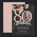 Pink Floral Dark Grey Photo 80th Birthday  Invitation<br><div class="desc">Pink Floral Dark Grey Photo 80th Birthday Invitation. A beautiful and elegant floral design birthday invitation, that features lovely and lush soft pink flowers. This design lets you add a photo of the birthday person and all details is fully customisable. Need help with this template? Contact the designer/creator by clicking...</div>