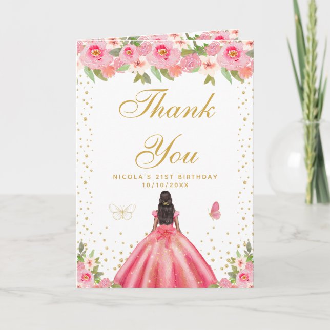 Pink Floral Dark Skin Girl Birthday Party Thank You Card (Front)