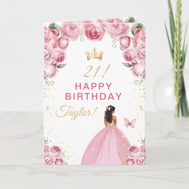 Pink Floral Dark Skin Girl Happy Birthday Card (Front)