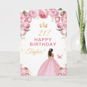 Pink Floral Dark Skin Girl Happy Birthday Card
