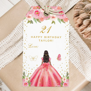 Pink Floral Dark Skin Girl Happy Birthday Gift Tags