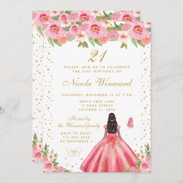 Pink Floral Dark Skin Princess Birthday Party Invitation (Front/Back)