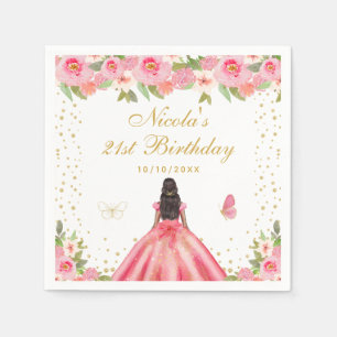 Pink Floral Dark Skin Princess Birthday Party Napkin
