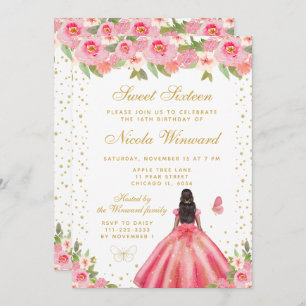 Pink Floral Dark Skin Princess Sweet Sixteen Invitation