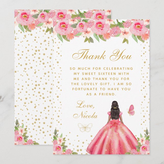 Pink Floral Dark Skin Princess Sweet Sixteen Thank You Card (Front/Back)