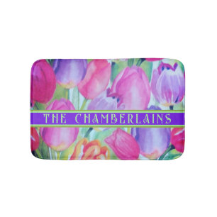 PINK Floral Decorative Green Text Bath Mat