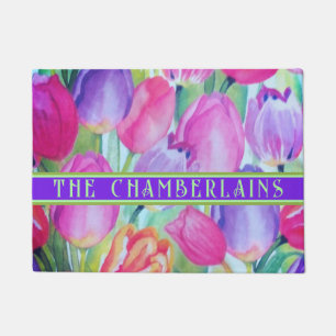 PINK Floral Decorative Green Text Doormat