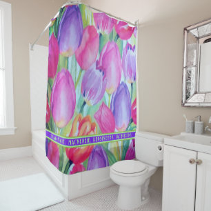 PINK Floral Decorative Green Text Shower Curtain