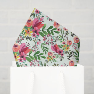 Pink Floral Decoupage Tissue, Green Botanical Tissue Paper