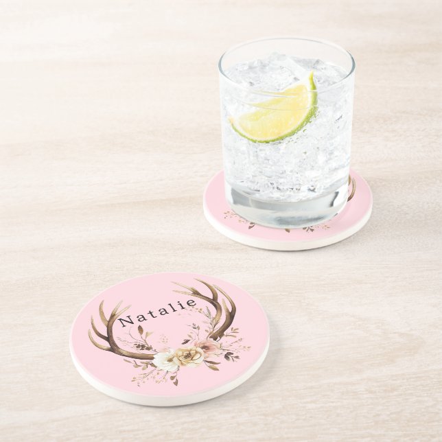 Pink Floral Deer Antlers Personalised Coaster (Side)