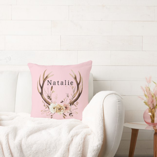 Pink Floral Deer Antlers Personalised Cushion (Couch)