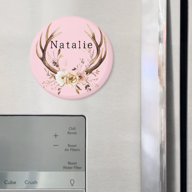 Pink Floral Deer Antlers Personalised Magnet (In Situ (Fridge))