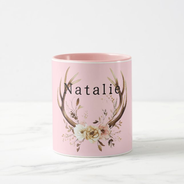 Pink Floral Deer Antlers Personalised Mug (Center)