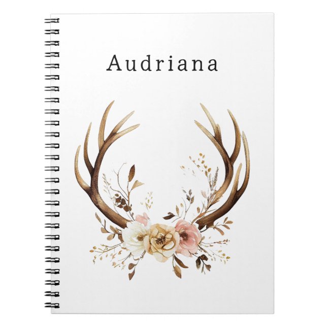 Pink Floral Deer Antlers Personalised Name Notebook (Front)