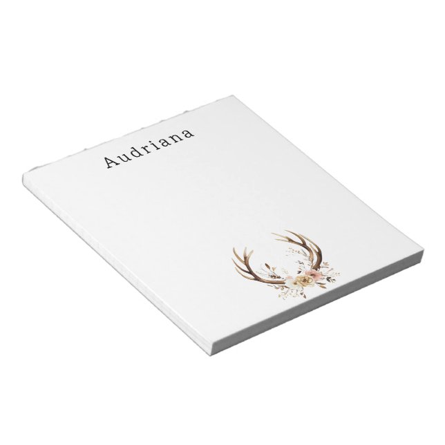 Pink Floral Deer Antlers Personalised Name Notepad (Angled)