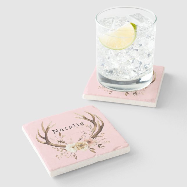 Pink Floral Deer Antlers Personalised Stone Coaster (Side)