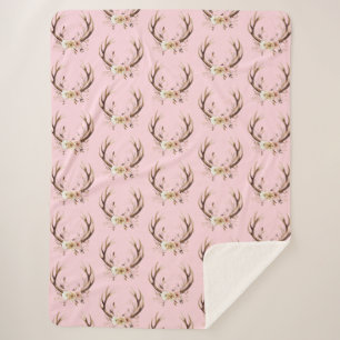 Pink Floral Deer Antlers Sherpa Blanket