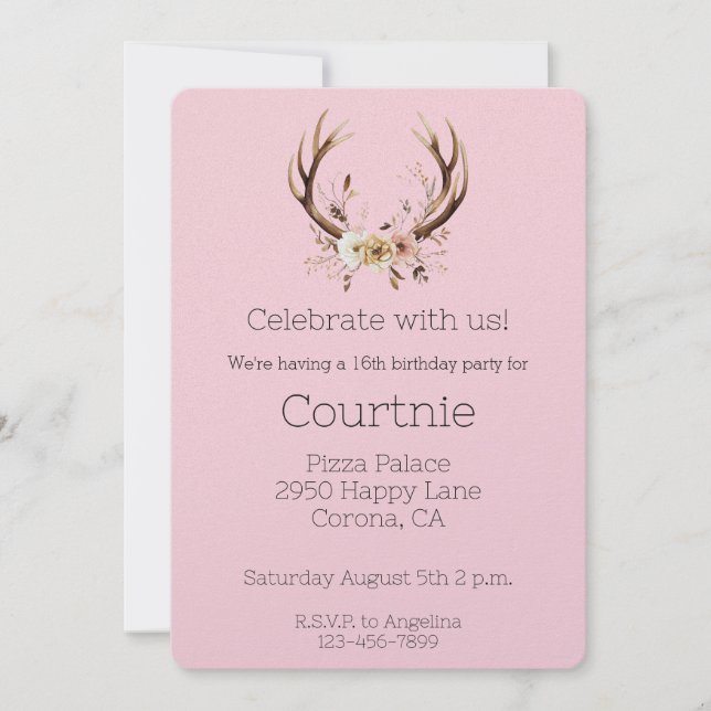 Pink Floral Deer Antlers Western Cowgirl Birthday Invitation (Front)