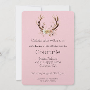 Pink Floral Deer Antlers Western Cowgirl Birthday Invitation