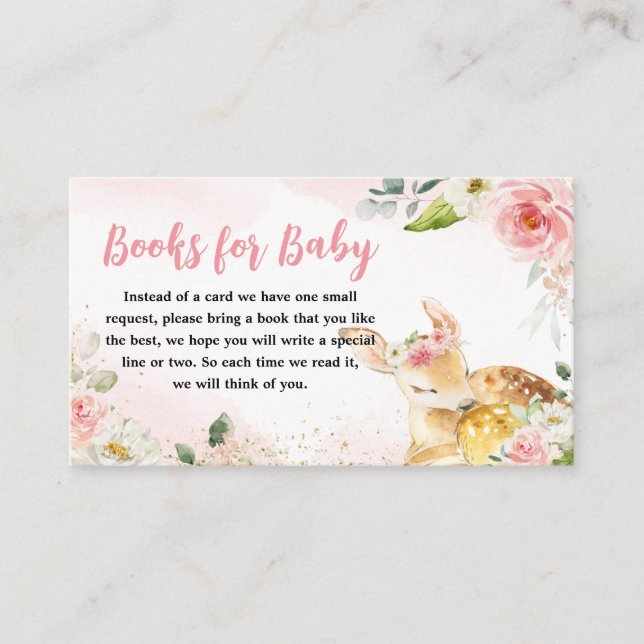 Pink Floral Deer Baby Shower Books for Baby Enclosure Card (Front)