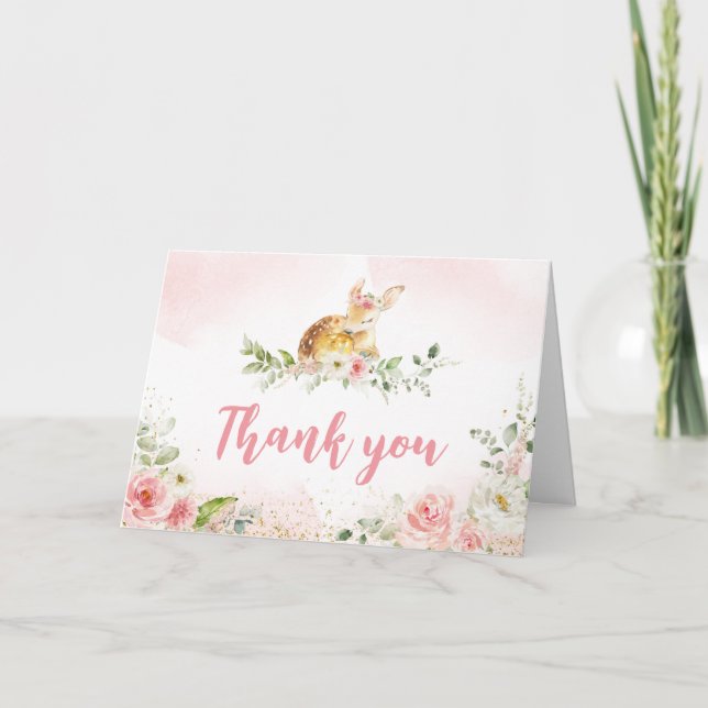 Pink Floral Deer Baby Shower  Thank You Card (Front)