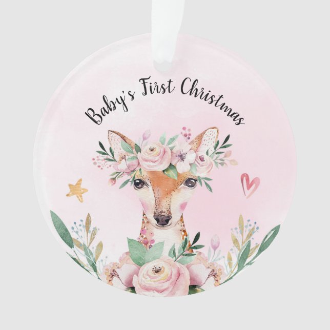 Pink Floral Deer Baby's First Christmas Ornament (Front)