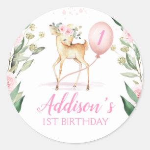 Pink Floral Deer Birthday Favour Sticker