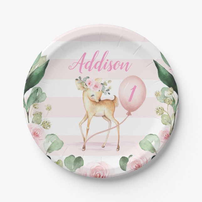 Pink Floral Deer Birthday Party Paper Plate (Front)