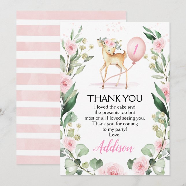 Pink Floral Deer Birthday Thank You Card (Front/Back)