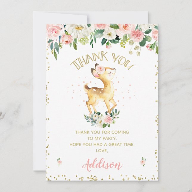 Pink Floral Deer Birthday Thank You Card (Front)