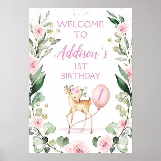 Pink Floral Deer Birthday Welcome Poster (Front)