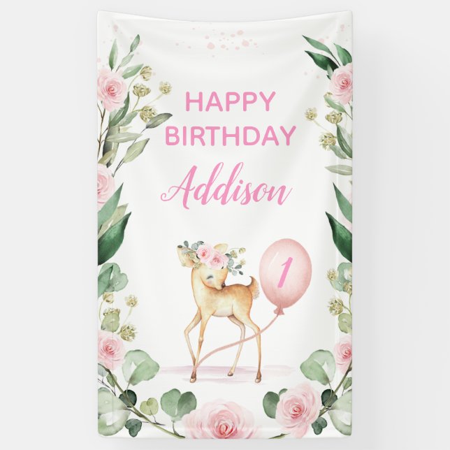 Pink Floral Deer Pink Balloon Birthday Party Banner (Vertical)
