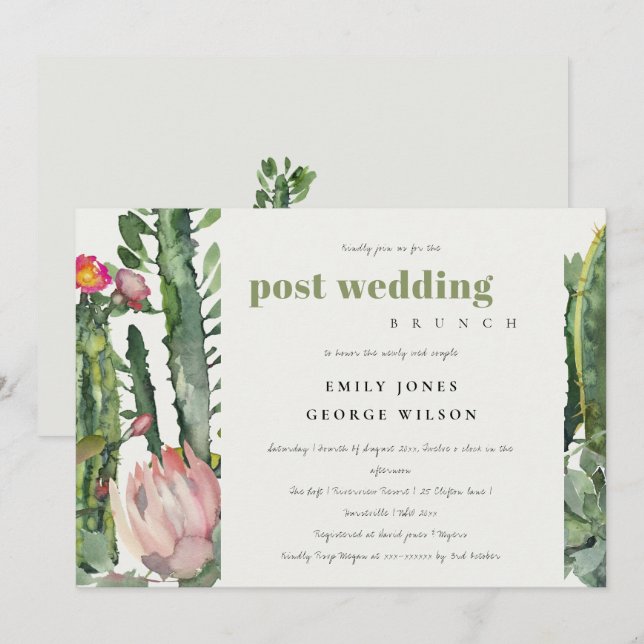 PINK FLORAL DESERT CACTI FAUNA POST WEDDING BRUCH INVITATION (Front/Back)