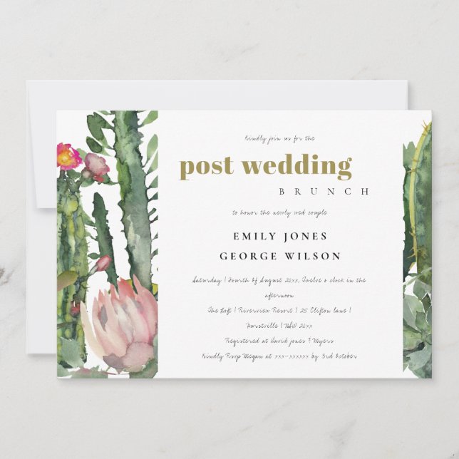 PINK FLORAL DESERT CACTI FAUNA POST WEDDING BRUCH INVITATION (Front)