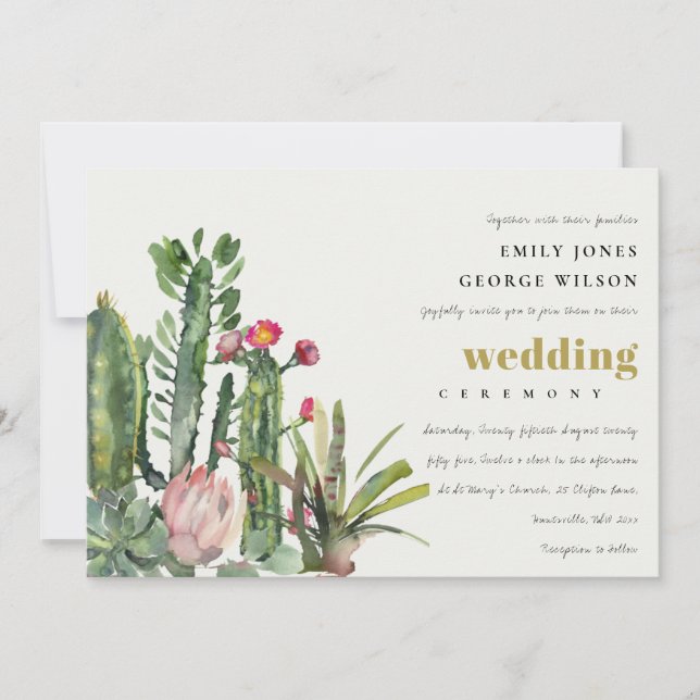 PINK FLORAL DESERT CACTI FAUNA WATERCOLOR WEDDING INVITATION (Front)