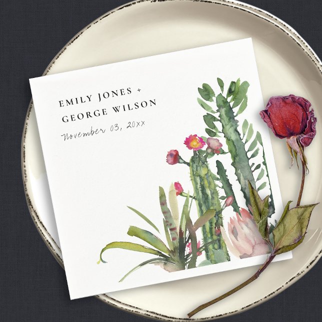 PINK FLORAL DESERT CACTI FAUNA WATERCOLOR WEDDING NAPKIN (Creator Uploaded)