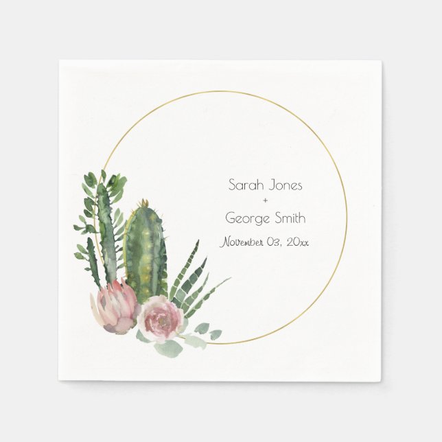 PINK FLORAL DESERT CACTI FAUNA WATERCOLOR WEDDING NAPKIN (Front)