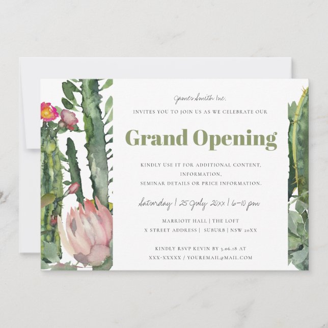 PINK FLORAL DESERT CACTI FOLIAGE GRAND OPENING INVITATION (Front)