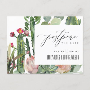 PINK FLORAL DESERT CACTI FOLIAGE POSTPONE DATE ANNOUNCEMENT POSTCARD
