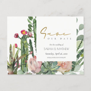 PINK FLORAL DESERT CACTI FOLIAGE SAVE THE DATE ANNOUNCEMENT POSTCARD