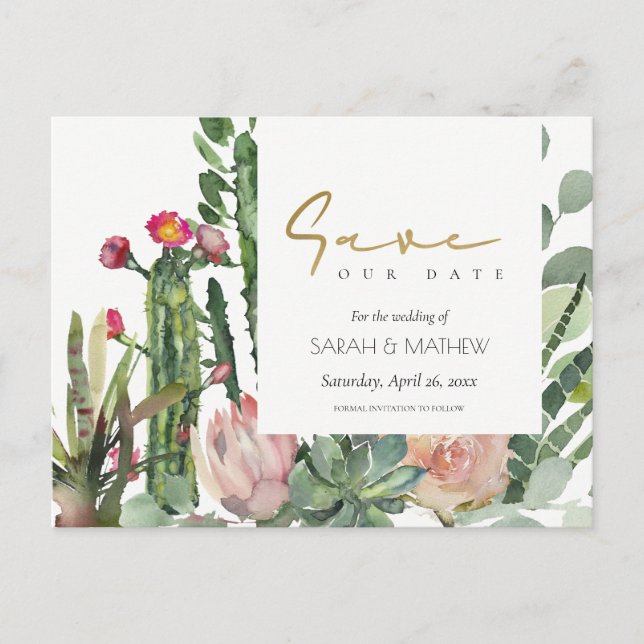 PINK FLORAL DESERT CACTI FOLIAGE SAVE THE DATE ANNOUNCEMENT POSTCARD (Front)