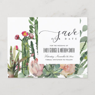 PINK FLORAL DESERT CACTI FOLIAGE SAVE THE DATE ANNOUNCEMENT POSTCARD